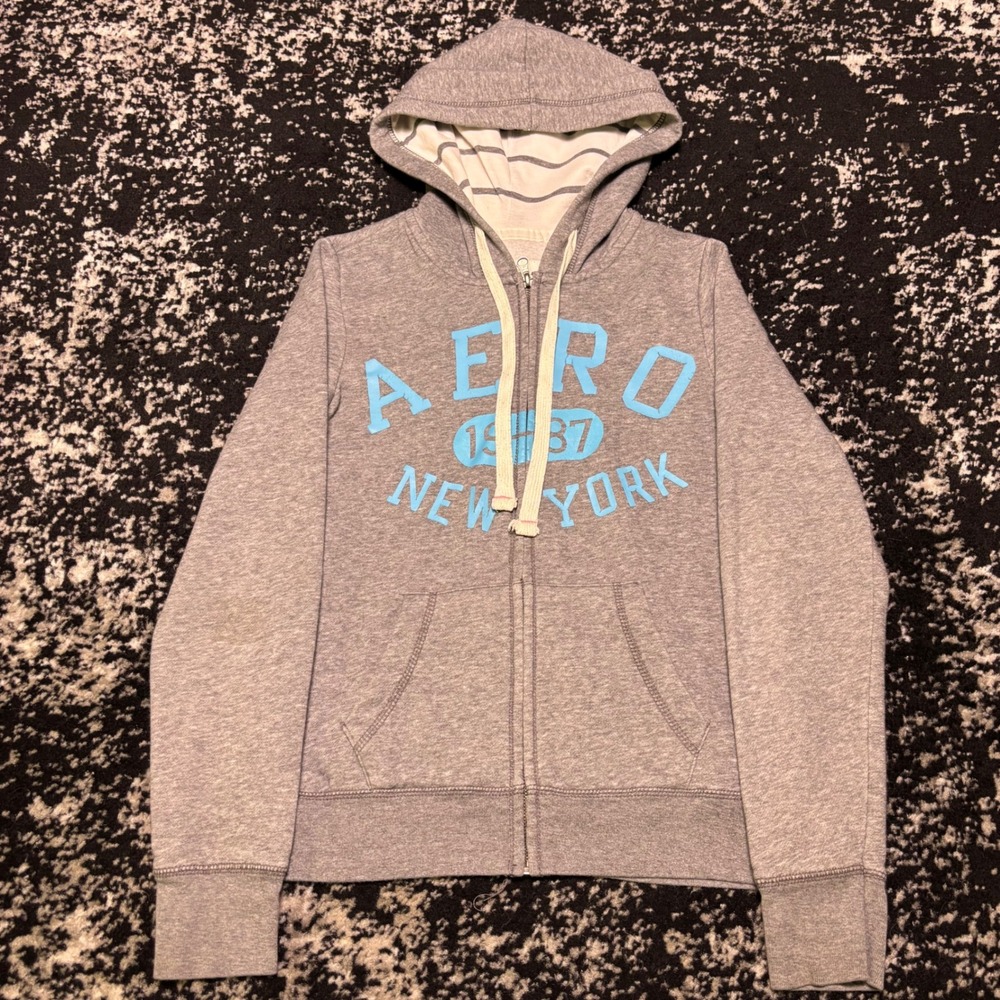 Aeropostale Womens Gray Full Zip Hoodie Blue Logo Y2K Size Medium
